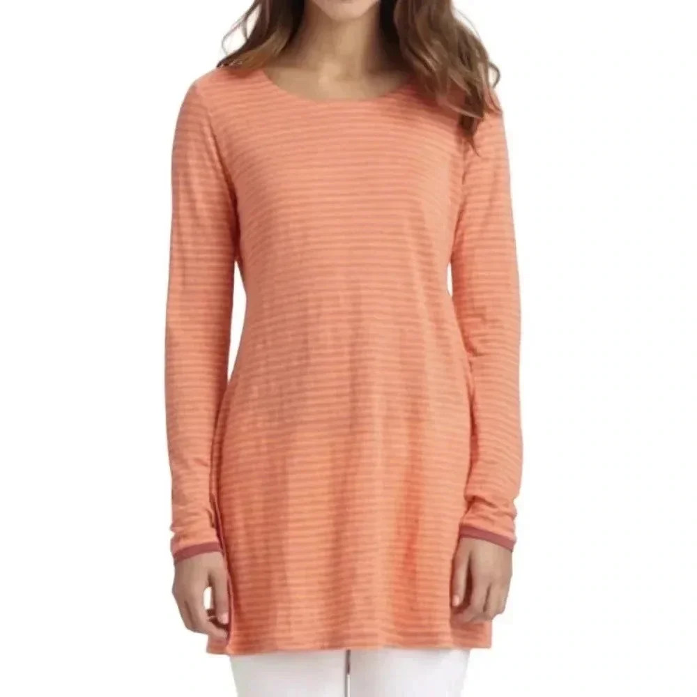 Eileen Fisher 100% Linen Jersey Stripe Tee orange pink Tunic Top size XL